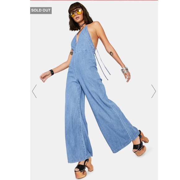 Free People Retro Wide Leg Denim Halter Jumpsuit - Picture 12 of 12